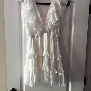 White Ruffle Tiered V-Neck Dress